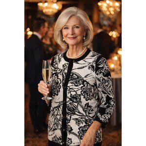 Dennis Basso size XS Women's Black & White Floral Cardigan Sweater